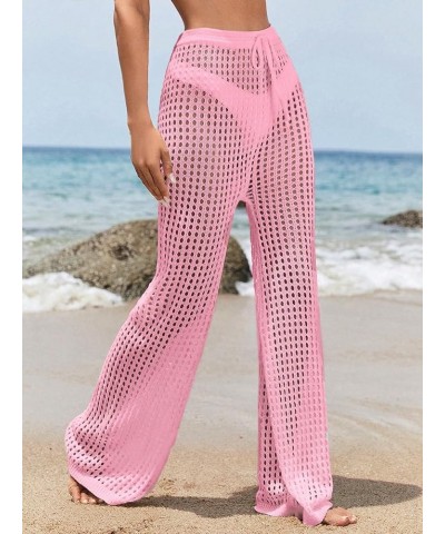 Women's Cover Up Pants Drawstring Crochet Knitted Sheer Beach Cover Up Pants Swimwear Pink Hollow Out $13.50 Swimsuits