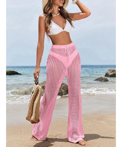 Women's Cover Up Pants Drawstring Crochet Knitted Sheer Beach Cover Up Pants Swimwear Pink Hollow Out $13.50 Swimsuits