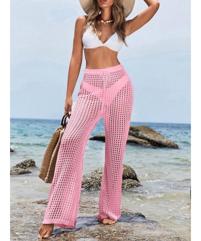 Women's Cover Up Pants Drawstring Crochet Knitted Sheer Beach Cover Up Pants Swimwear Pink Hollow Out $13.50 Swimsuits