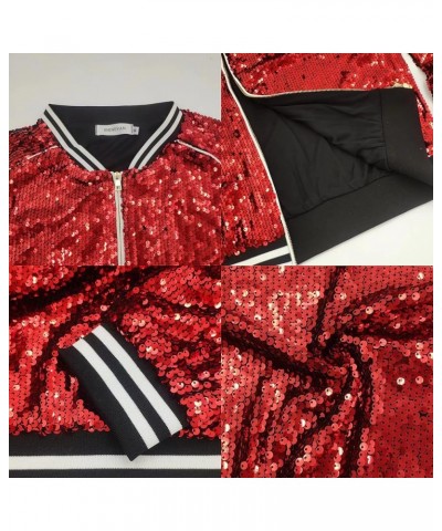 Women's sequined shiny long-sleeved zipper flight jacket casual party disco proscenium ballroom Bright Red $22.88 Jackets