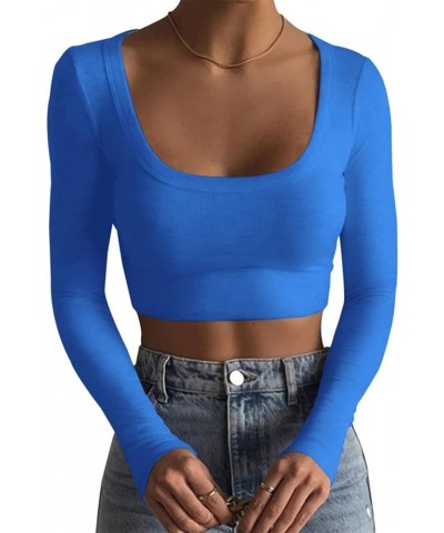 Long Sleeve Crop Tops for Women Y2k Cute Ribbed Going Out Top Basic Square Neck Fitted Tee Shirt Fall Blue $10.00 Tops