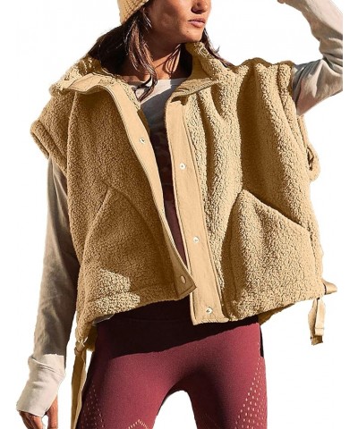 Women Fleece Vest Oversized Sleeveless Sherpa Jackets Button Down Outwear with Pockets Khaki $15.68 Vests