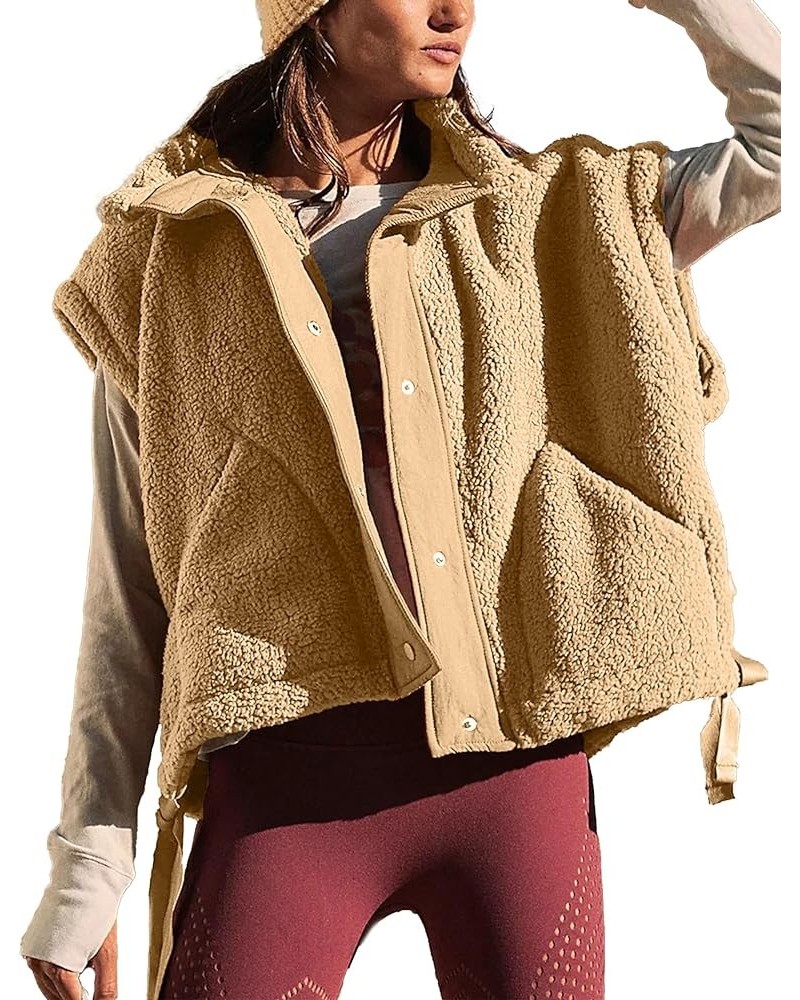 Women Fleece Vest Oversized Sleeveless Sherpa Jackets Button Down Outwear with Pockets Khaki $15.68 Vests