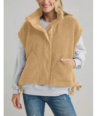 Women Fleece Vest Oversized Sleeveless Sherpa Jackets Button Down Outwear with Pockets Khaki $15.68 Vests