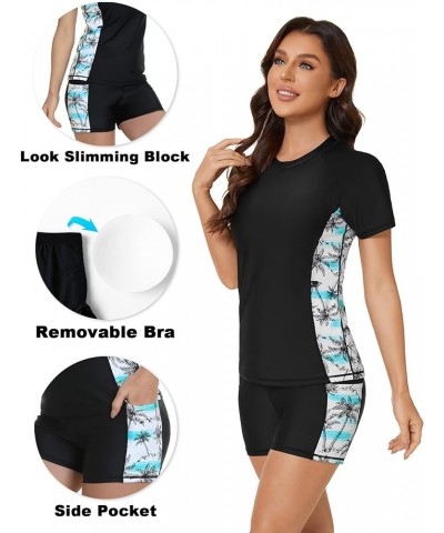 Women's Rash Guard 2 Piece Short Sleeve Swim Shirt with Shorts Swimsuit with Bra Bathing Suit Plus Size with Pocket Pocket & ...