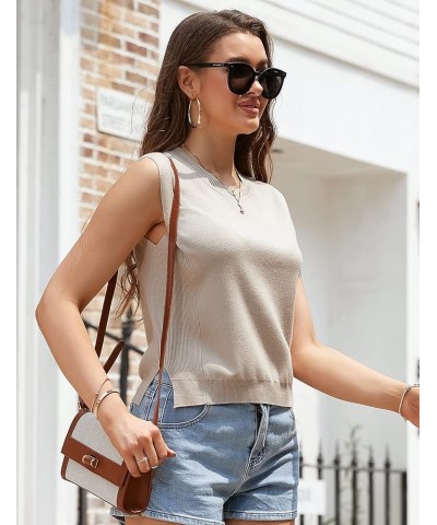 Women's Sleeveless Round Neck Sweater Vest Crop Sweater Top Soild Knitted Vest Sweater Apricot $12.90 Sweaters