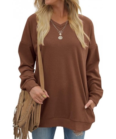 Women's Sweatshirts V Neck Oversized Long Sleeve Pockets Top 2-caramel $19.20 Hoodies & Sweatshirts