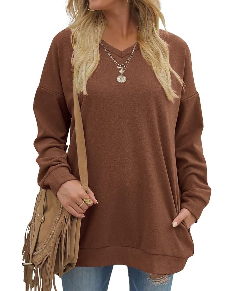 Women's Sweatshirts V Neck Oversized Long Sleeve Pockets Top 2-caramel $19.20 Hoodies & Sweatshirts