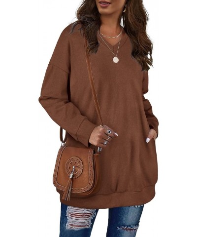 Women's Sweatshirts V Neck Oversized Long Sleeve Pockets Top 2-caramel $19.20 Hoodies & Sweatshirts