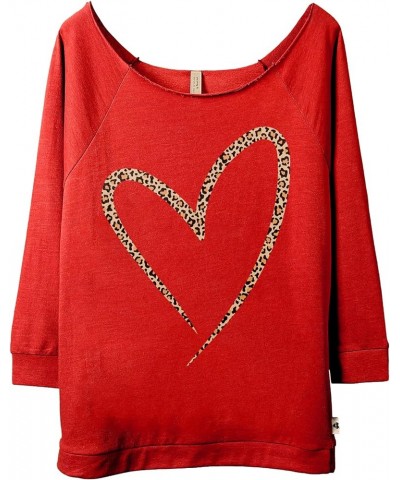 Simply Heart Leopard Print Women's Fashion Slouchy 3/4 Sleeves Raglan Lightweight Sweatshirt Red $18.17 Hoodies & Sweatshirts