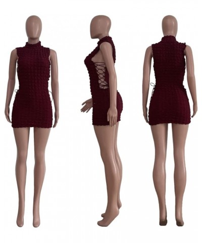 Women's Sexy Stacked Mock Neck Tank Dress Hollow Out Lace Up Bodycon Sleeveless Short Party Club Dresses Outfits Wine Red $20...