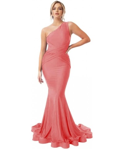 One Shoulder Mermaid Bridesmaid Dresses for Wedding Long Ruched Bodycon Formal Evening Party Gowns 2023 Light Pink $42.50 Dre...