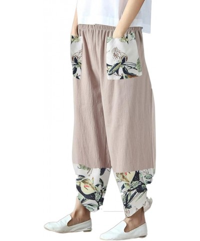 Women Patchwork Chinese Style High Waist Casual Solid Cotton Linen Pants Ankle Pants Stretch Elastic Waist with Pockets Khaki...