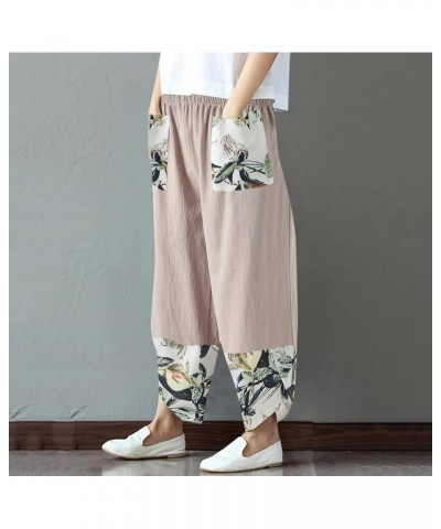 Women Patchwork Chinese Style High Waist Casual Solid Cotton Linen Pants Ankle Pants Stretch Elastic Waist with Pockets Khaki...