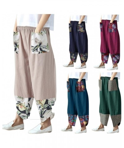 Women Patchwork Chinese Style High Waist Casual Solid Cotton Linen Pants Ankle Pants Stretch Elastic Waist with Pockets Khaki...