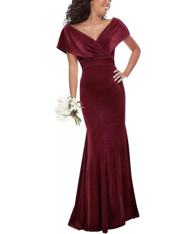 Women's Velvet Off The Shoulder Bridesmaid Dresses Long Mermaid Wrap V Neck Wedding Formal Dress Burgundy $36.25 Dresses