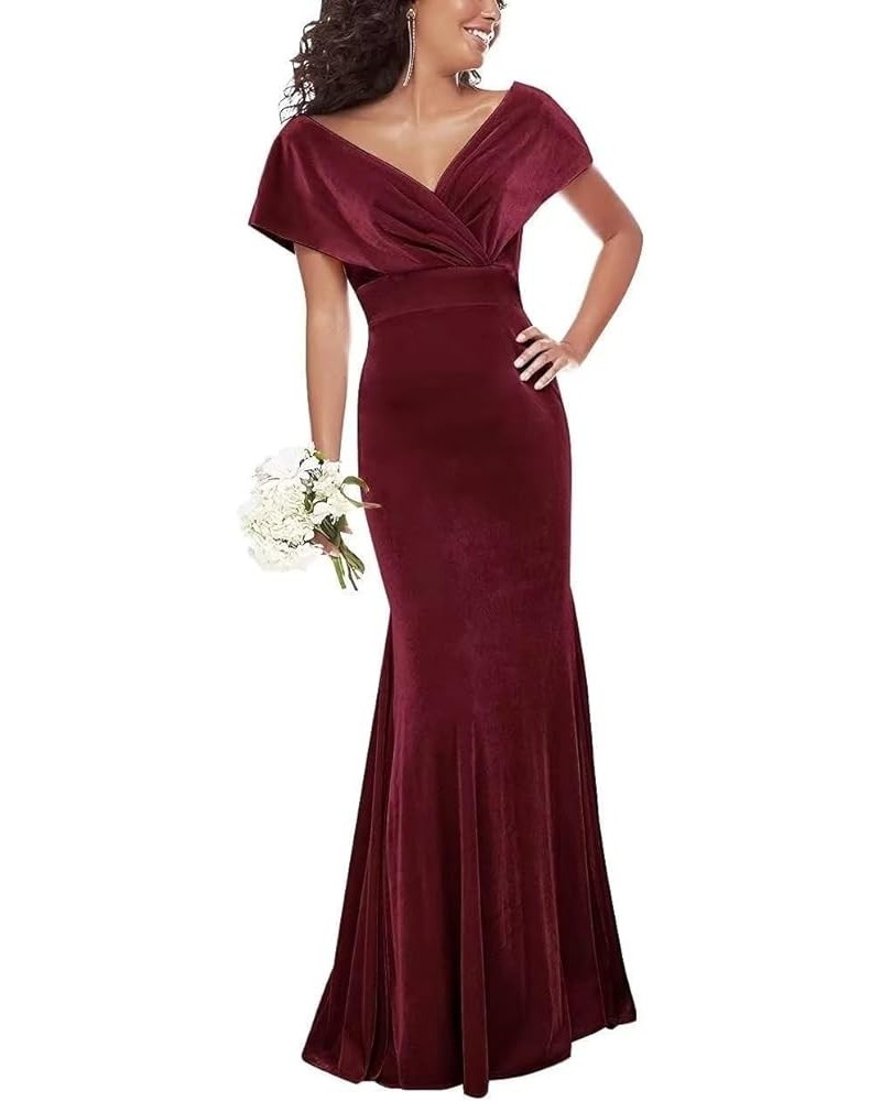 Women's Velvet Off The Shoulder Bridesmaid Dresses Long Mermaid Wrap V Neck Wedding Formal Dress Burgundy $36.25 Dresses