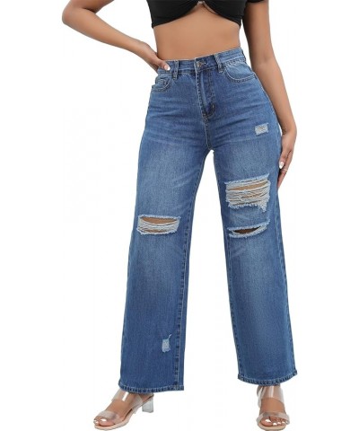 Ripped Wide Leg Jeans for Women Mom Baggy Straight Leg Stretchy Boyfriend Trendy Trouser Denim Pants A1_blue $23.75 Jeans