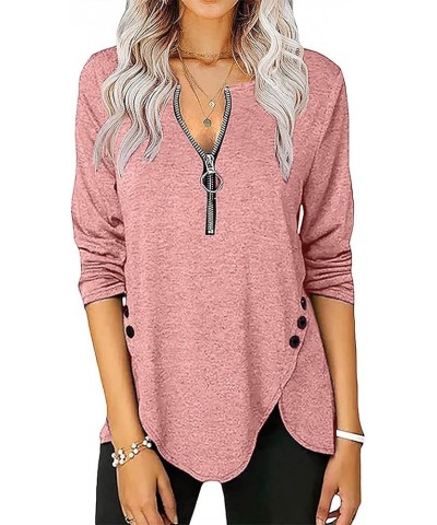 Trendy Tops for Women,Spring Fashion Button Trim Zipper Tops Shirts Casual Long Sleeve V-Neck Blouse Tees Tunic B-pink $9.89 ...