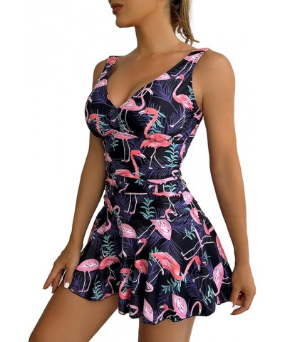 Women's One Piece Skirt Swimwear Ruched Retro Swimming Dress Tummy Control Bathing Suit Flamingo & Leaf $19.94 Swimsuits