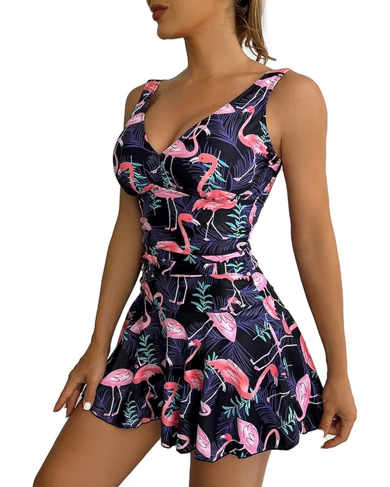 Women's One Piece Skirt Swimwear Ruched Retro Swimming Dress Tummy Control Bathing Suit Flamingo & Leaf $19.94 Swimsuits