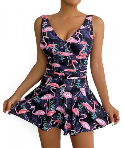 Women's One Piece Skirt Swimwear Ruched Retro Swimming Dress Tummy Control Bathing Suit Flamingo & Leaf $19.94 Swimsuits