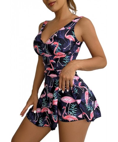 Women's One Piece Skirt Swimwear Ruched Retro Swimming Dress Tummy Control Bathing Suit Flamingo & Leaf $19.94 Swimsuits