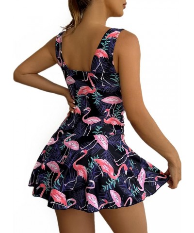 Women's One Piece Skirt Swimwear Ruched Retro Swimming Dress Tummy Control Bathing Suit Flamingo & Leaf $19.94 Swimsuits