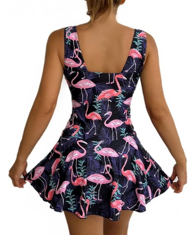 Women's One Piece Skirt Swimwear Ruched Retro Swimming Dress Tummy Control Bathing Suit Flamingo & Leaf $19.94 Swimsuits