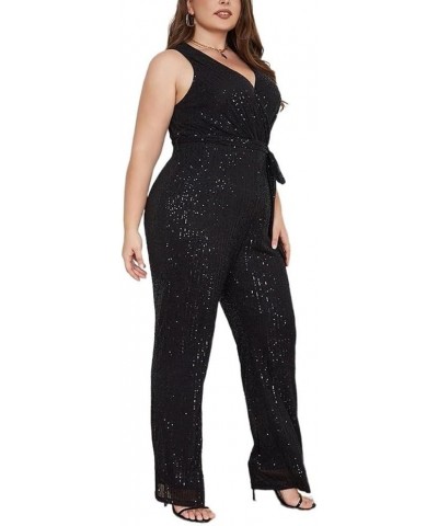 Plus Size Women's Sparkling Sequins Jumpsuit Sexy Deep V Neck Sleeveless Rompers Elegant Wide Leg Long Pants Overalls Black $...