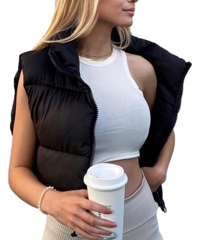 Womens Stand Collar Cropped Puffer Vest Sleeveless Lightweight Outwear Black $14.57 Vests