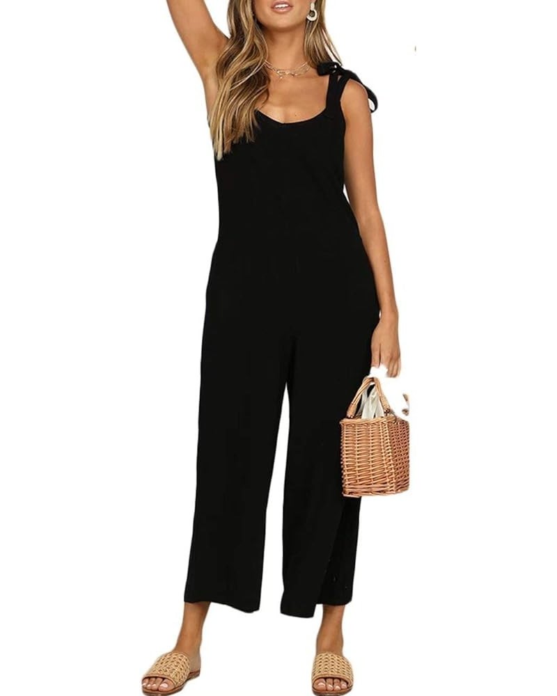 Women's Bow Tie Shoulder Wide Leg Jumpsuits With Pockets Open Back Casual Beach Rompers Backless Overall Black $11.25 Overalls