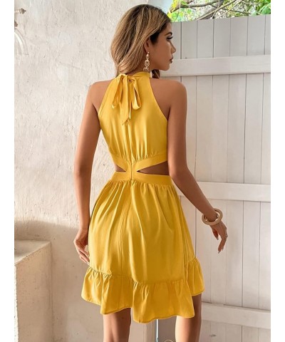 Women's Cut Out Waist Sleeveless Tie Back Ruffle Hem A Line Halter Dress Yellow $21.15 Dresses