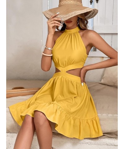 Women's Cut Out Waist Sleeveless Tie Back Ruffle Hem A Line Halter Dress Yellow $21.15 Dresses