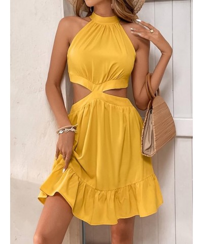 Women's Cut Out Waist Sleeveless Tie Back Ruffle Hem A Line Halter Dress Yellow $21.15 Dresses