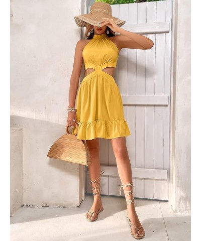 Women's Cut Out Waist Sleeveless Tie Back Ruffle Hem A Line Halter Dress Yellow $21.15 Dresses