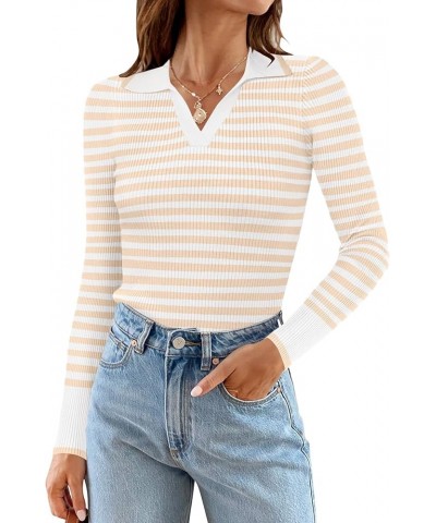 Womens 2024 Long Sleeve Striped T Shirts Polo V Neck Fitted Ribbed Knit Casual Tee Tops Beige $16.20 Shirts