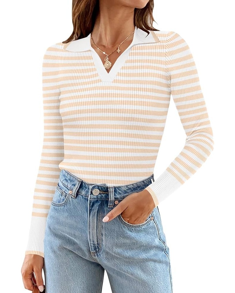 Womens 2024 Long Sleeve Striped T Shirts Polo V Neck Fitted Ribbed Knit Casual Tee Tops Beige $16.20 Shirts