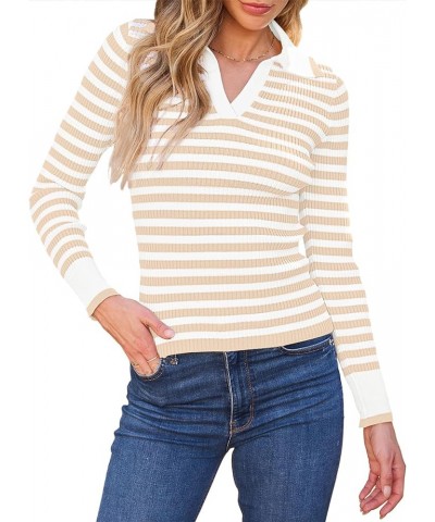 Womens 2024 Long Sleeve Striped T Shirts Polo V Neck Fitted Ribbed Knit Casual Tee Tops Beige $16.20 Shirts