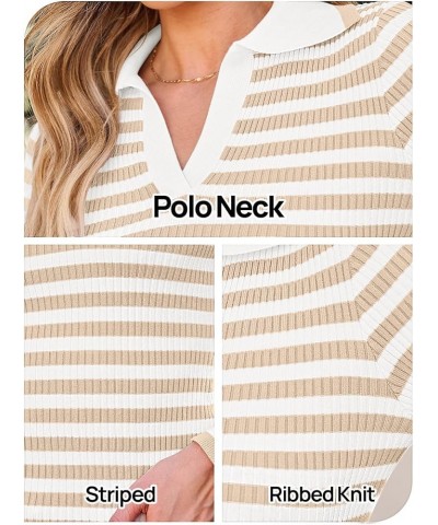 Womens 2024 Long Sleeve Striped T Shirts Polo V Neck Fitted Ribbed Knit Casual Tee Tops Beige $16.20 Shirts