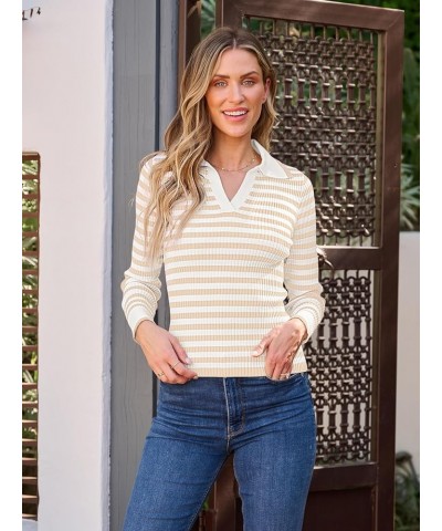 Womens 2024 Long Sleeve Striped T Shirts Polo V Neck Fitted Ribbed Knit Casual Tee Tops Beige $16.20 Shirts