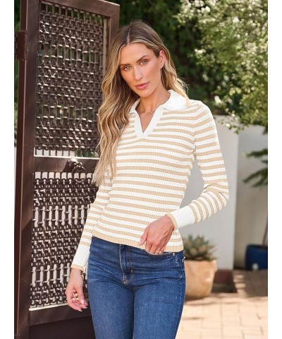 Womens 2024 Long Sleeve Striped T Shirts Polo V Neck Fitted Ribbed Knit Casual Tee Tops Beige $16.20 Shirts