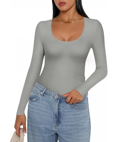 Women Long Sleeve Shirt Scoop Neck Tops Slim Fit Basic Top Thermal Undershirts Base Layer Tee XS-XXL Lightgrey $10.07 Activewear