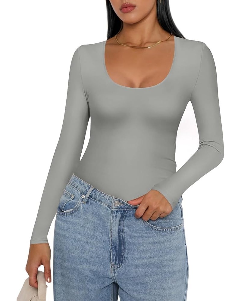 Women Long Sleeve Shirt Scoop Neck Tops Slim Fit Basic Top Thermal Undershirts Base Layer Tee XS-XXL Lightgrey $10.07 Activewear