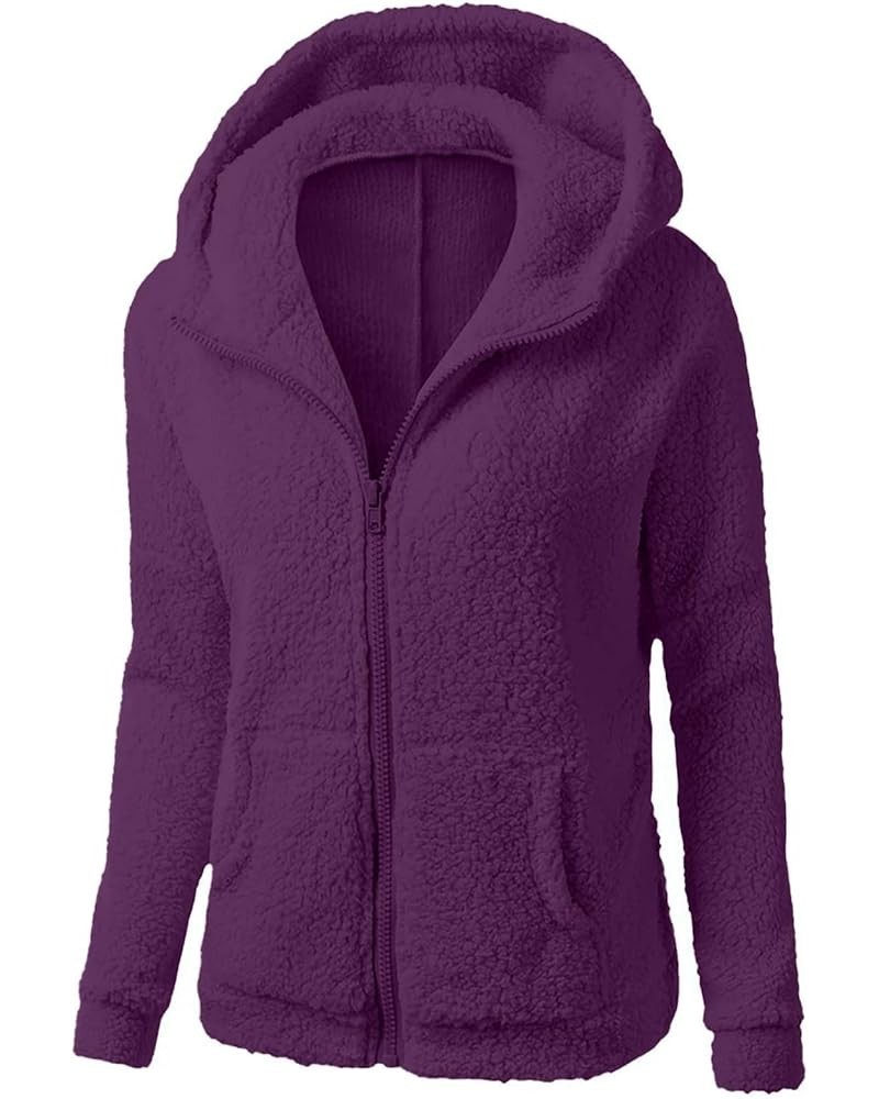 Plush Hoodie Long Sleeve Coats For Women Sweaters Solid Color Fleece Outerwear Pockets Hooded Pullover Cardigans C2-purple $6...