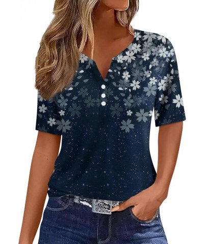 Henley Shirts for Women V Neck Buttons 2024 Summer Shirts Short Sleeve Print Dressy Blouses Clothes 05-dark Blue $8.31 Tops