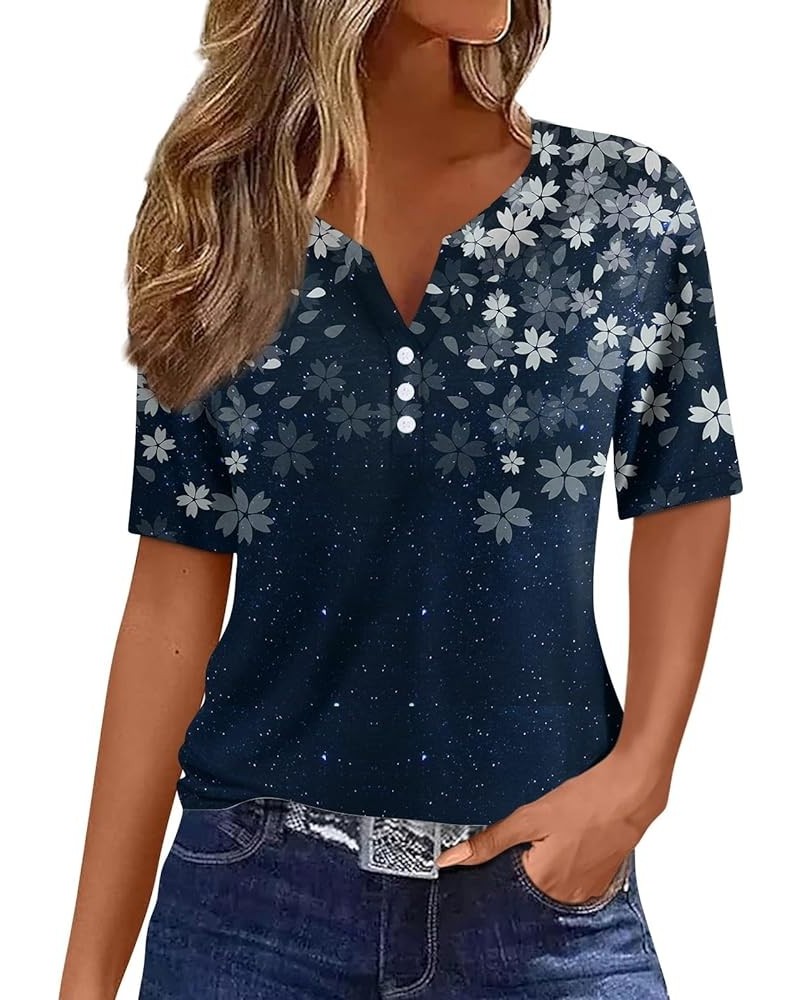 Henley Shirts for Women V Neck Buttons 2024 Summer Shirts Short Sleeve Print Dressy Blouses Clothes 05-dark Blue $8.31 Tops