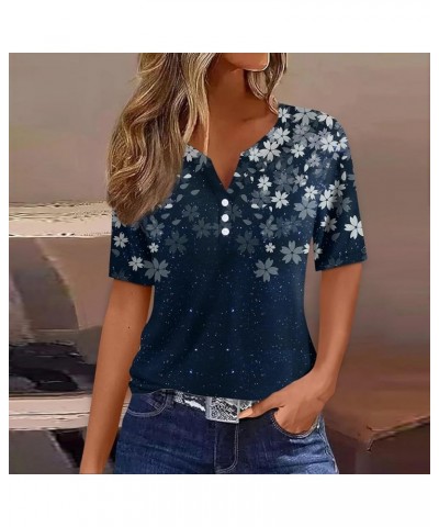 Henley Shirts for Women V Neck Buttons 2024 Summer Shirts Short Sleeve Print Dressy Blouses Clothes 05-dark Blue $8.31 Tops