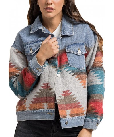 Aztec Denim Jacket for Women Oversized Button Down Distressed Denim Jean Shirt Shacket Jacket 02 Dark Blue $19.68 Jackets