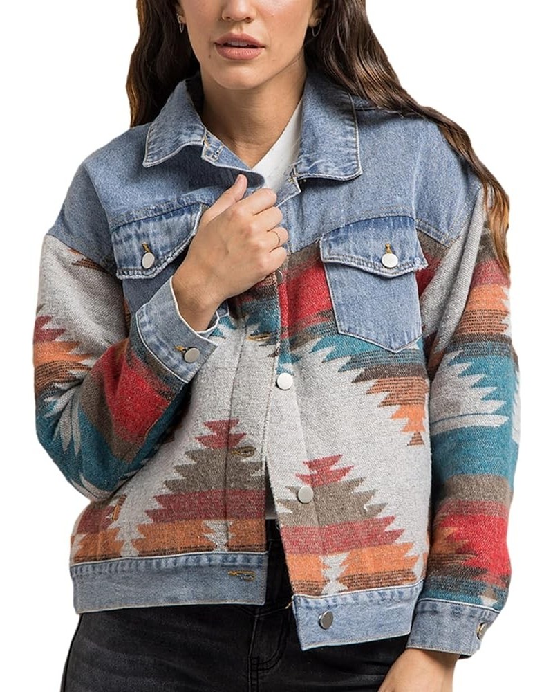 Aztec Denim Jacket for Women Oversized Button Down Distressed Denim Jean Shirt Shacket Jacket 02 Dark Blue $19.68 Jackets